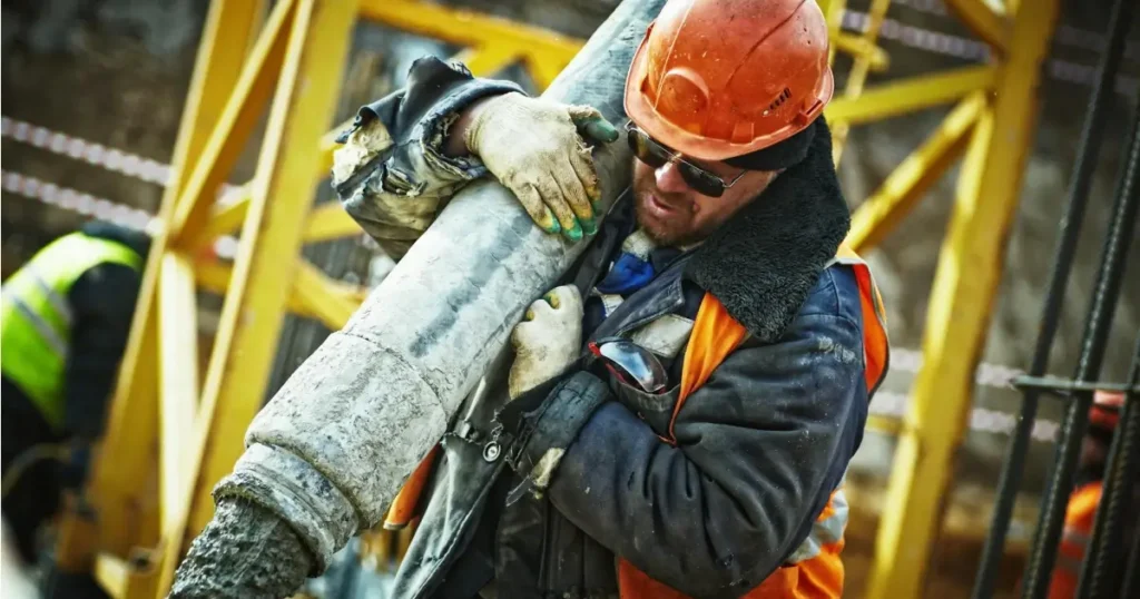 Operário carregando uma espécie de mangueira industrial de onde está saindo cimento representando aposentadoria especial