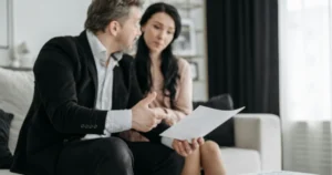 Homem de terno sentado segurando um papel falando com uma mulher mostrando uma folha de papel representando Inventário judicial e inventário extrajudicial